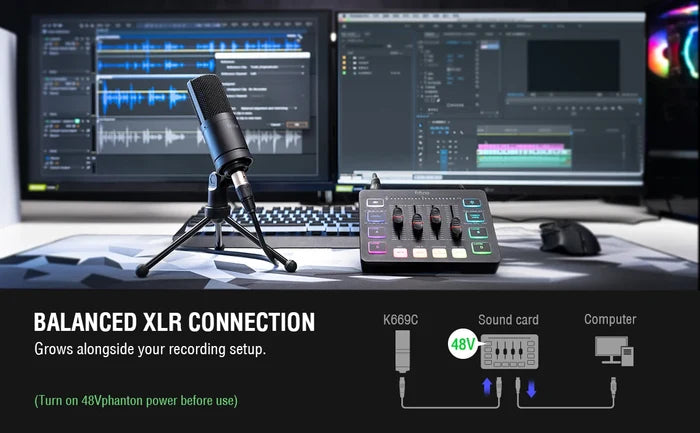FIFINE XLR condenser microphone for podcasting, streaming, and vocal recording, featuring a sleek black design with a stand and cable.