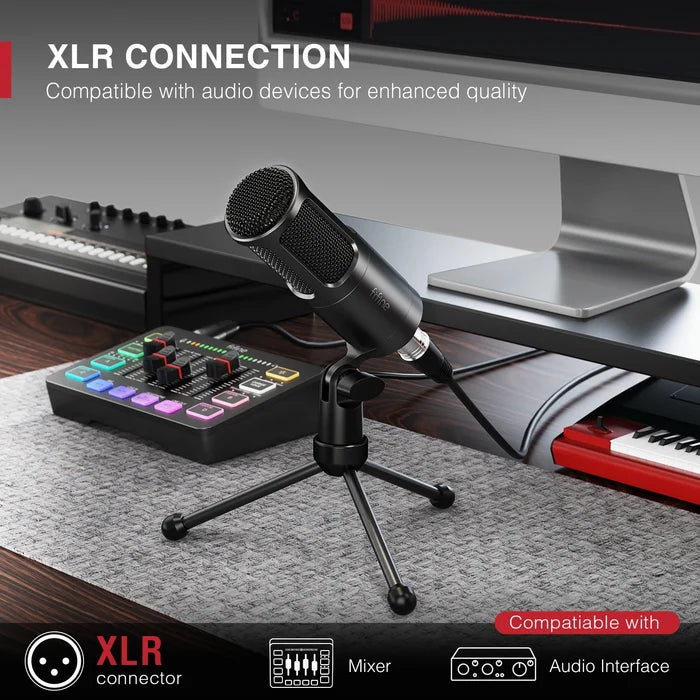 FIFINE K669D XLR dynamic microphone with black body and grille, ideal for vocals and recording in professional audio setups