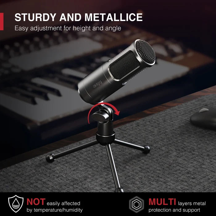 FIFINE XLR Dynamic Microphone K669D with black metal body and adjustable stand for professional audio recording.