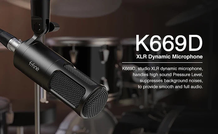 FIFINE XLR Dynamic Microphone K669D with black body and grille, mounted on a stand for professional audio recording and streaming.