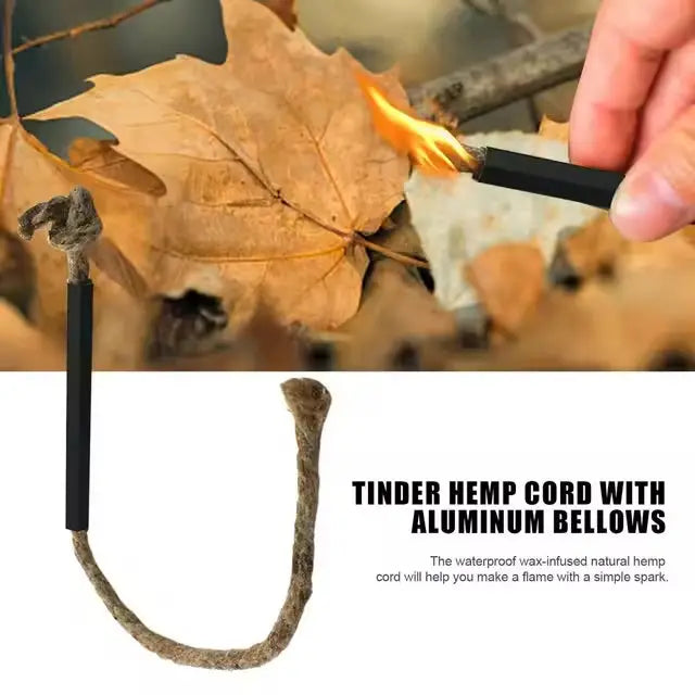 Habicare SS Fire Starter Tinder Cord shown coiled with fire-starting material, ideal for outdoor camping and survival needs.