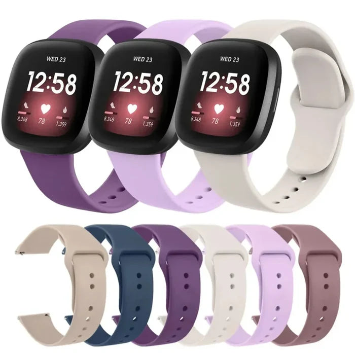 Flexible silicone wristband for Fitbit Versa 3 by Habicare, shown in vibrant colors, designed for comfortable wear and style.