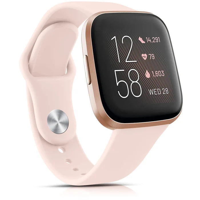 Flexible silicone wristband for Fitbit Versa by Habicare, showing multiple vibrant colors and a close-up of the TWS design.