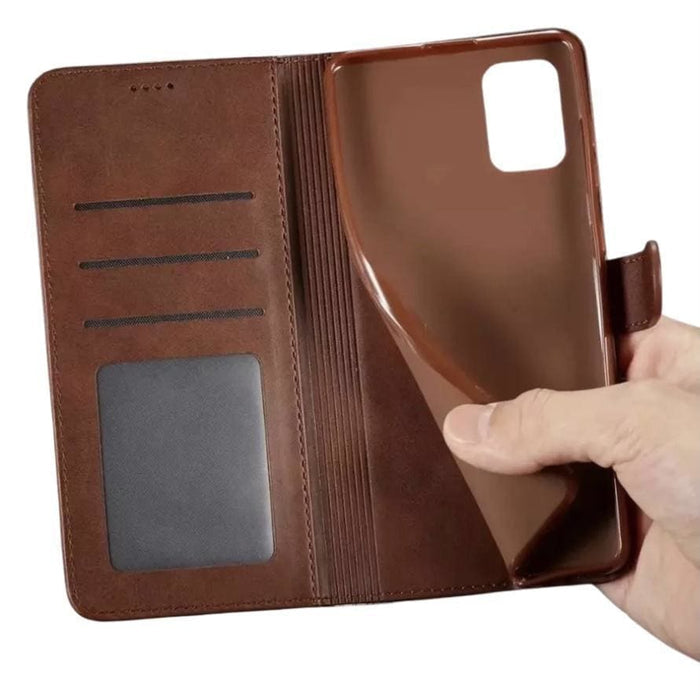 9eight5 flip case for iPhone 12 Mini (5.4-inch) with card slots, black leather exterior, and precise cutouts for buttons and camera.