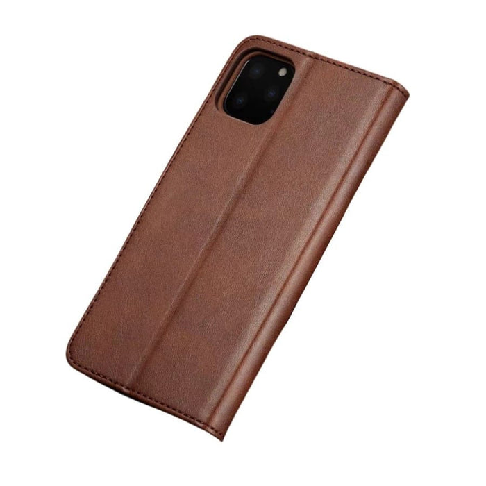 Brown flip case for iPhone 12 Mini (5.4”) by 9eight5, showing the front and back view of the protective phone case.