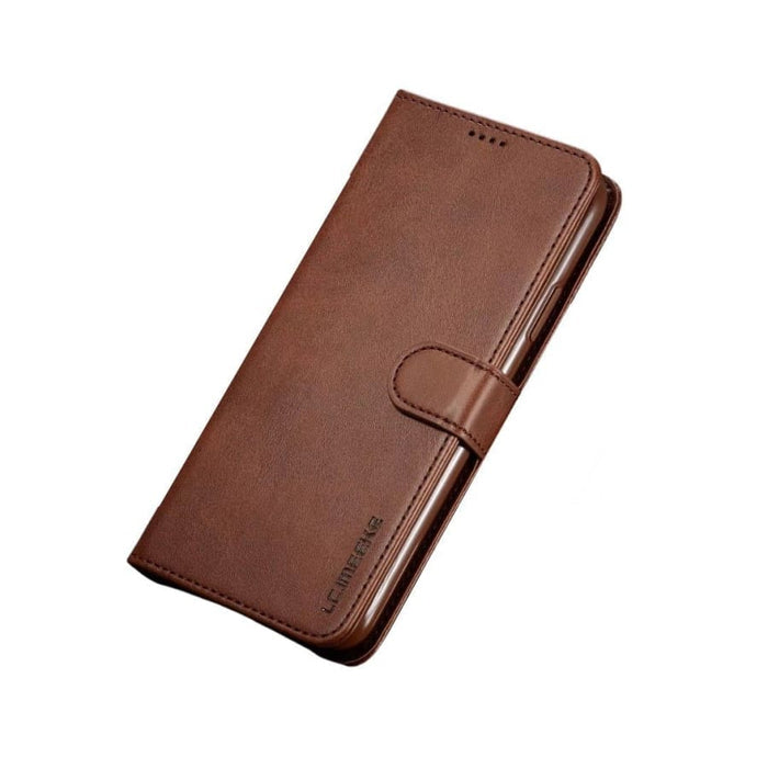 Brown flip case for iPhone 12 and iPhone 12 Pro by 9eight5, showing the front and back of the protective phone case.