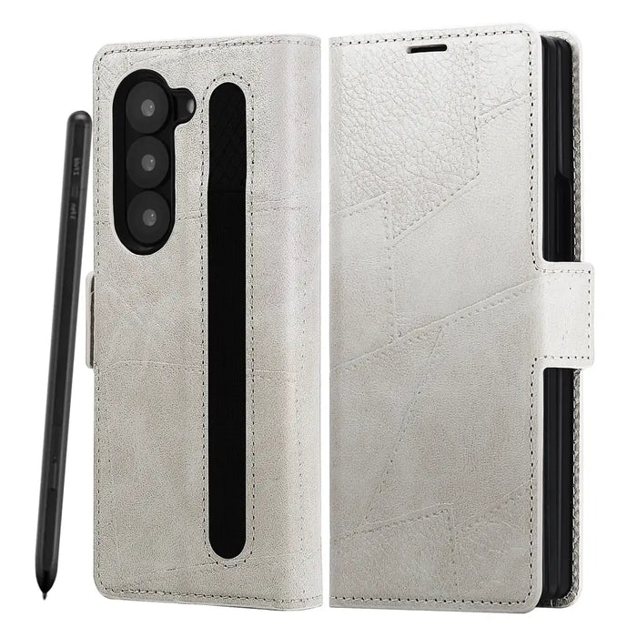 Habicare 9eight5 flip leather phone case for Samsung Galaxy Z Fold7 in two colors, featuring a protective fold-over design.
