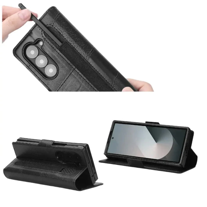 Habicare 9eight5 flip leather phone case for Samsung Galaxy Z Fold7 in two colors, shows front view with fold cover and textured leather.
