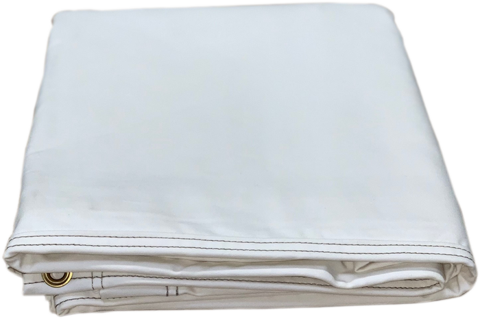 Folded white canvas tarp with brass grommets, durable for outdoor use, perfect for covering and protection.