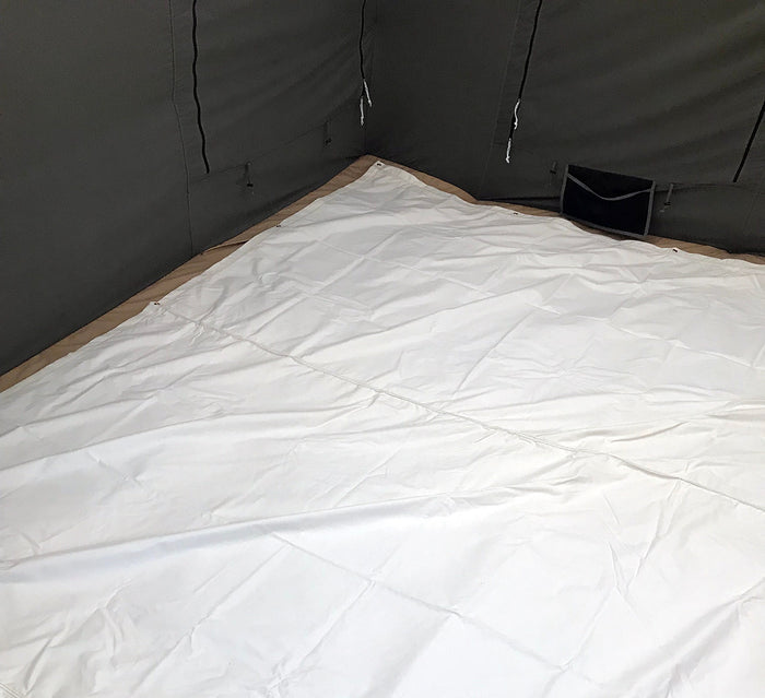 Large white waterproof tent floor with durable fabric, designed for outdoor camping and protection.