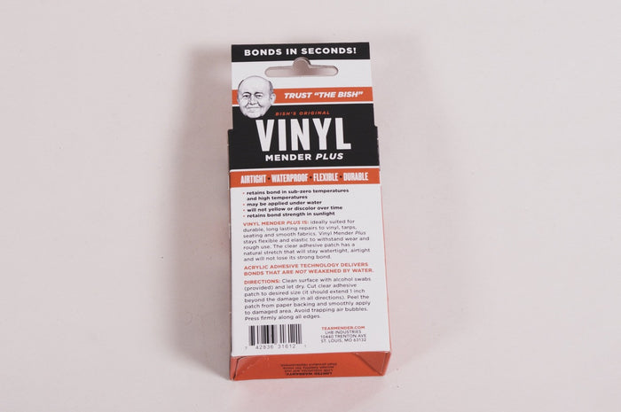 Bish's Original Vinyl Mender Plus, waterproof, flexible adhesive for vinyl repairs, durable and airtight.