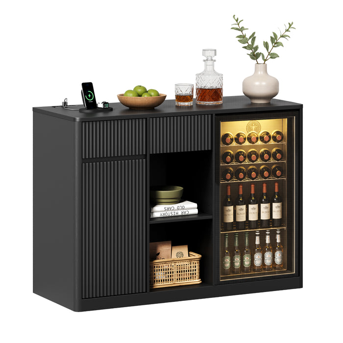 Fluted 51" Bar Cabinet with Fridge Space, Charging Hub & Wine Glass Rack, Black