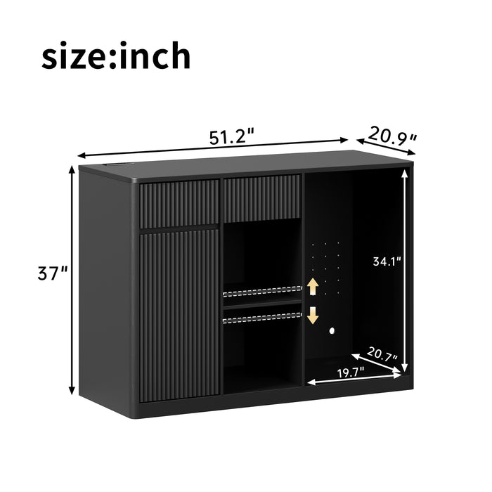 Fluted 51" Bar Cabinet with Fridge Space, Charging Hub & Wine Glass Rack, Black