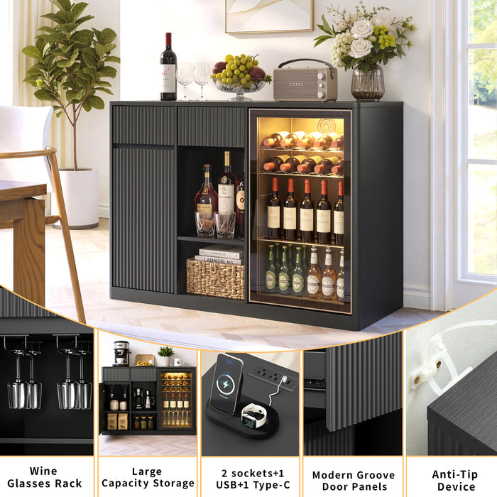 Fluted 51" Bar Cabinet with Fridge Space, Charging Hub & Wine Glass Rack, Black
