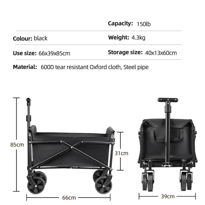 Heavy-duty foldable camping and utility cart by Habicare, made of stainless steel, with wheels and handle for easy transport.