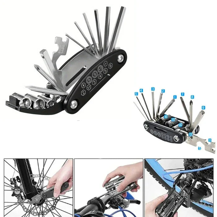 HBC Habicare 16-in-1 folding bike and motorcycle repair tool kit with various tools for maintenance and repairs.