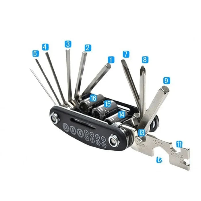 Habicare 16-in-1 folding bike and motorcycle repair tool kit with compact design and multiple essential tools for maintenance.
