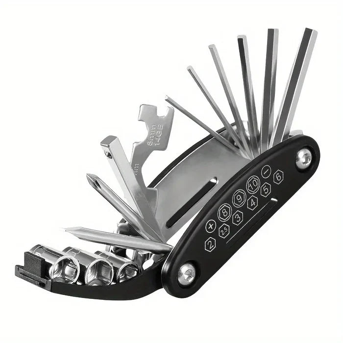 Habicare 16-in-1 folding bike and motorcycle repair tool kit with compact design and multiple essential tools for maintenance.