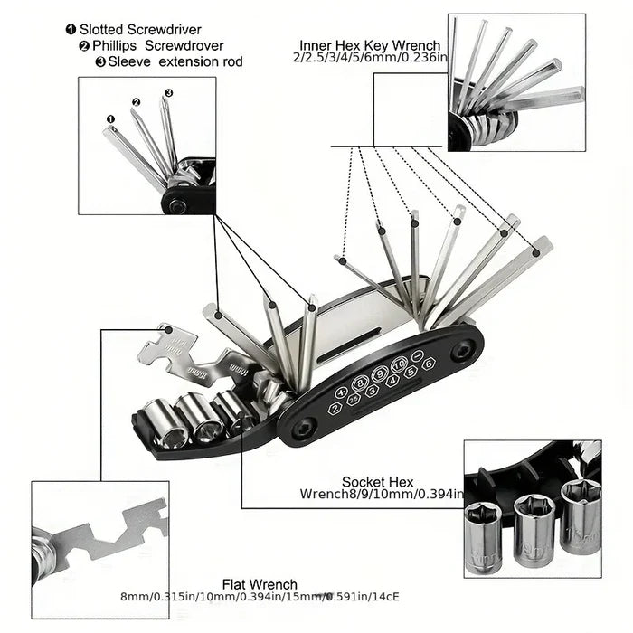 HBC Habicare 16-in-1 folding bike and motorcycle repair tool kit with multiple tools in a compact case for maintenance and repairs.