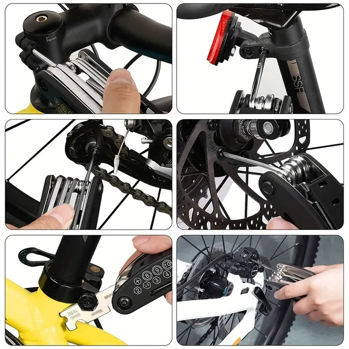 Habicare 16-in-1 Folding Bike and Motorcycle Repair Tool Kit, compact HBC multi-tool with various screwdrivers and wrenches for repairs.