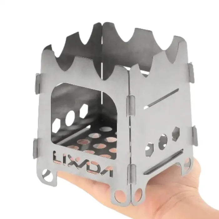 Ultralight Habicare stainless steel folding camping stove with compact, portable design ideal for outdoor cooking.