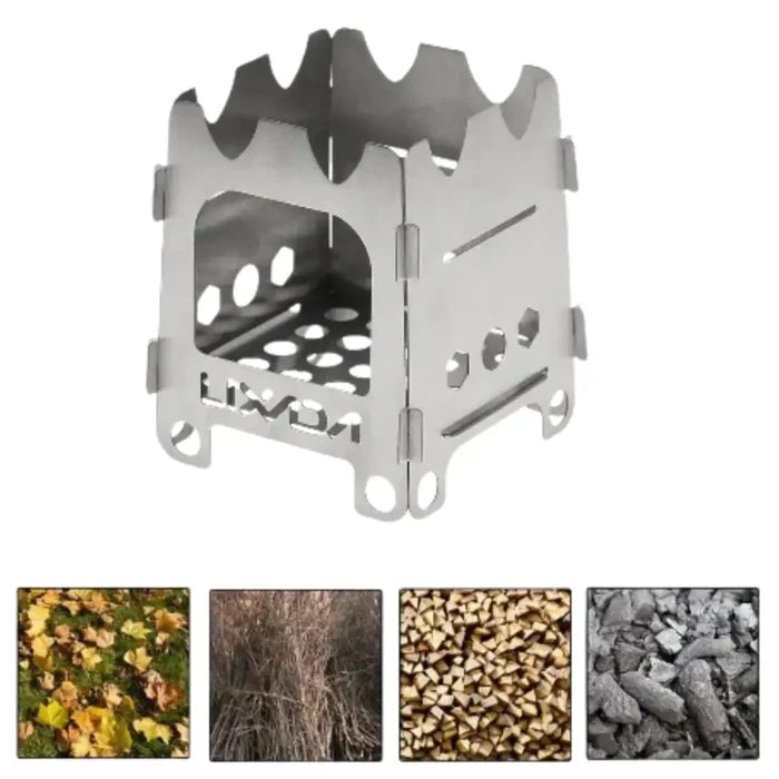 Ultralight Habicare folding camping stove made of stainless steel, portable design for outdoor cooking and camping trips.