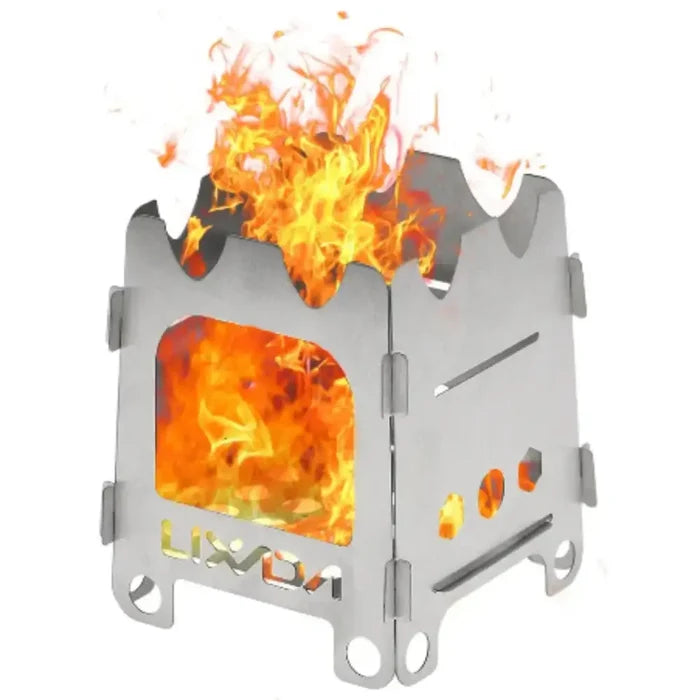 Ultralight Habicare folding camping stove made of stainless steel, portable for outdoor camping and hiking adventures.