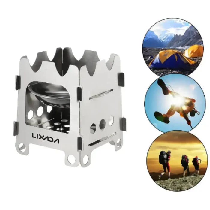 Habicare ultralight folding camping stove made of stainless steel, portable and compact for outdoor cooking and camping trips.
