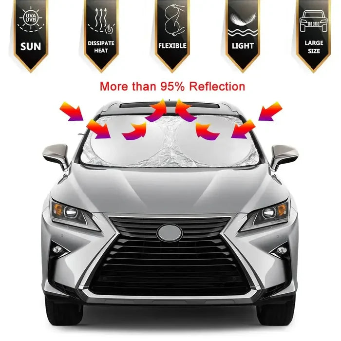 HBC Habicare folding car windshield sunshade anti-UV visor in two sizes, providing UV protection and easy storage for vehicle use.