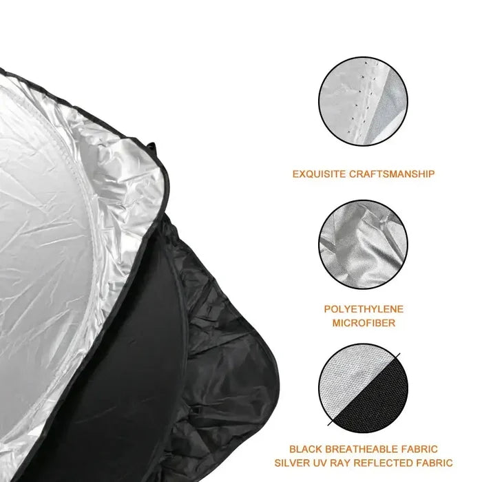 Habicare HBC folding car windshield sunshade visor with anti-UV protection, available in two sizes, shown folded inside a vehicle.