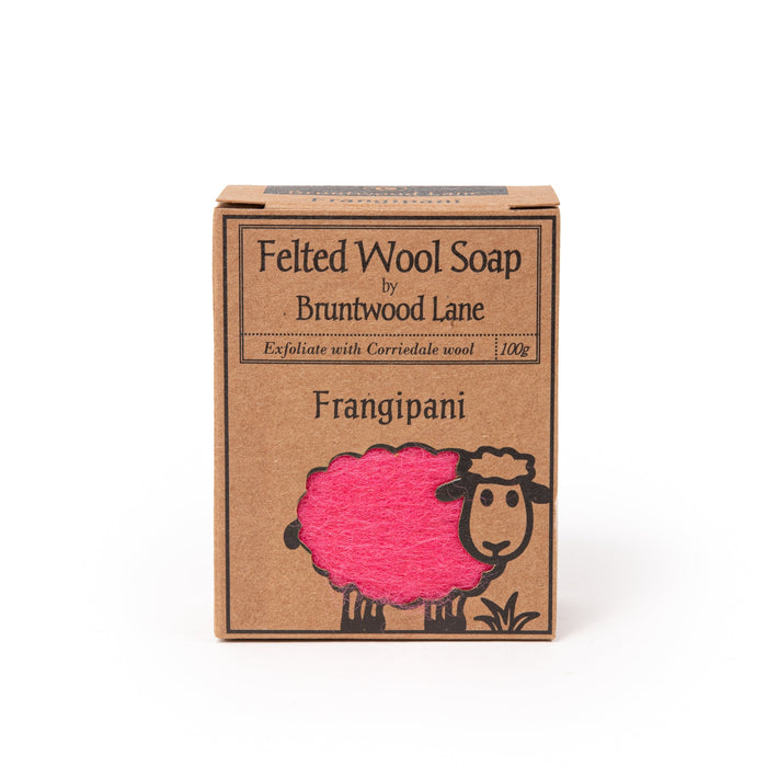 Felted Frangipani Wool Soap by Bruntwood Lane featuring a textured, colorful felted exterior and a soap bar inside.