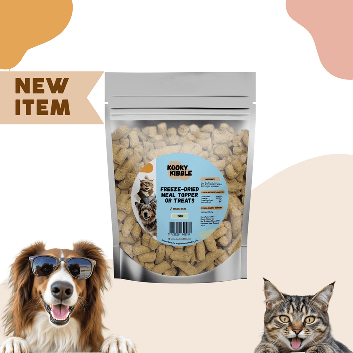 Freeze-dried raw meal toppers and treats by Kooky Kibble NZ in a resealable bag, showing crunchy, bite-sized pieces.