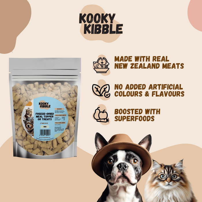 Kooky Kibble NZ freeze-dried raw meal topper or treat for pets, showing the crunchy, textured freeze-dried raw pieces in a bowl.