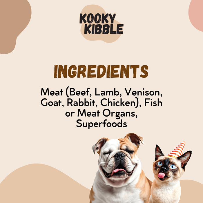 Kooky Kibble NZ freeze-dried raw meal topper and treat in a resealable bag, showing the crunchy, textured pieces inside.