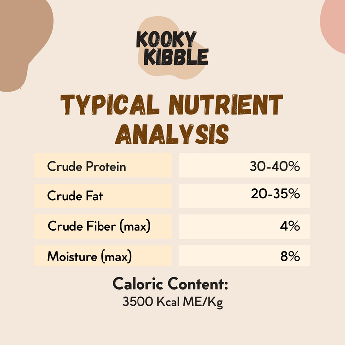 Freeze-dried raw meal toppers and treats by Kooky Kibble NZ, showing colorful, crispy pieces of pet food on a white background.