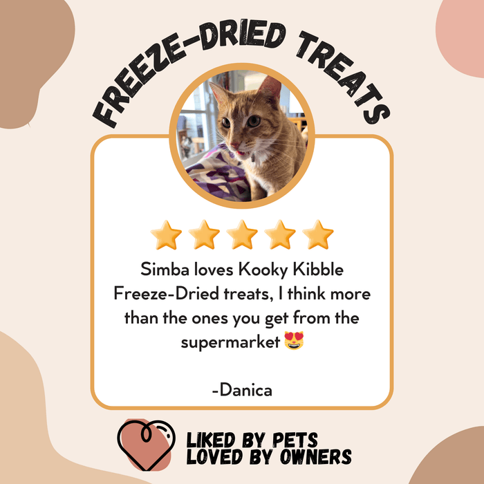 Freeze-dried raw meal topper or treat from Kooky Kibble NZ, showing small, crunchy pieces in a clear bowl.