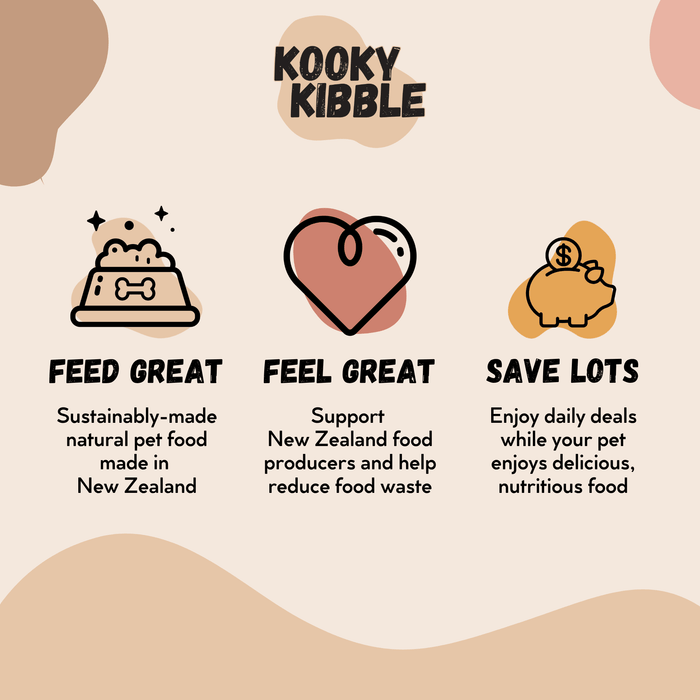 Freeze-dried raw meal toppers and treats by Kooky Kibble NZ, shown in clear packaging with crunchy texture and natural ingredients.