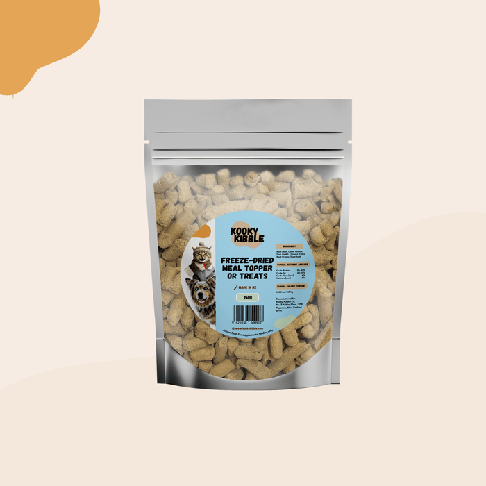 Kooky Kibble NZ freeze-dried raw meal toppers and treats in a resealable bag, showing crispy, light freeze-dried pet food pieces.
