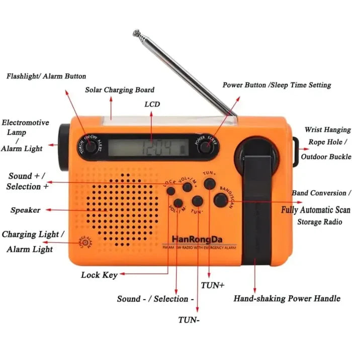 Habicare full-band AM/FM/SW radio with torch, solar panel, and hand crank, shown with adjustable antenna and durable design.