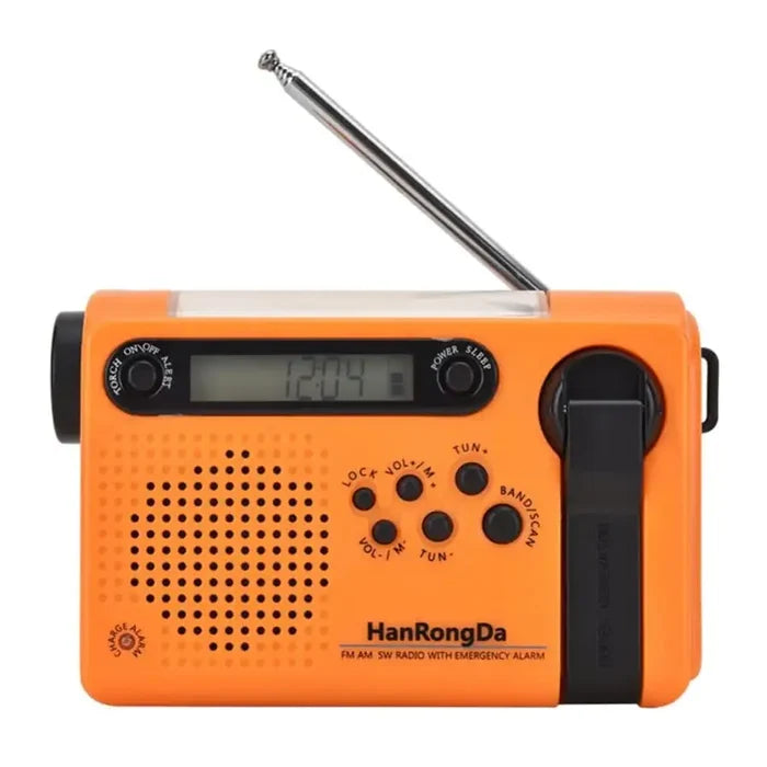 Habicare full-band AM/FM/SW radio with torch, solar panel, and hand crank, featuring a built-in power bank and durable tools.