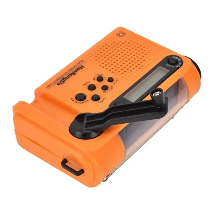 Habicare full-band AM/FM/SW1/SW2 radio with torch, solar panel, hand crank, and power bank in a compact design.