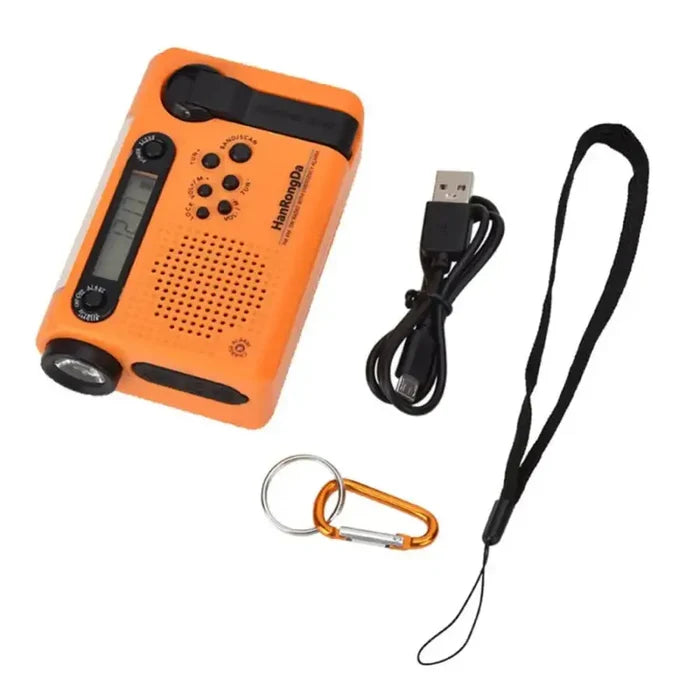 Habicare full-band AM/FM/SW radio with torch, solar panel, and hand crank, serving as a portable power bank and emergency tool.