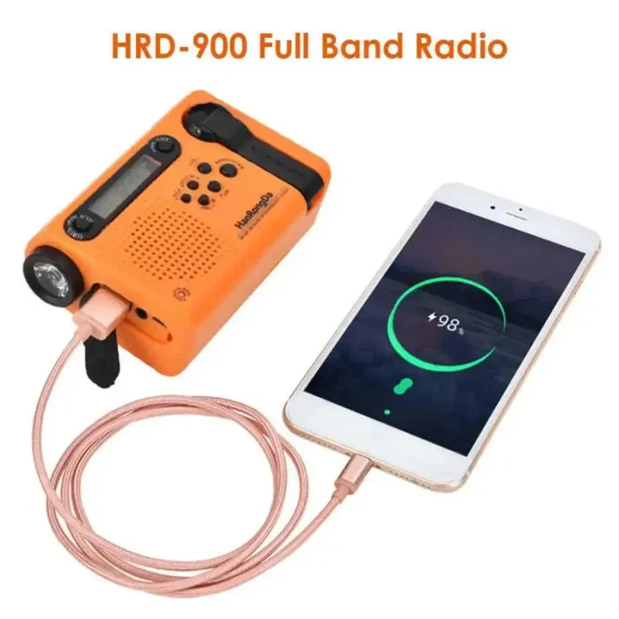 Habicare full-band AM/FM/SW1/SW2 radio with built-in torch, solar panel, hand crank, and power bank in a compact tool design.