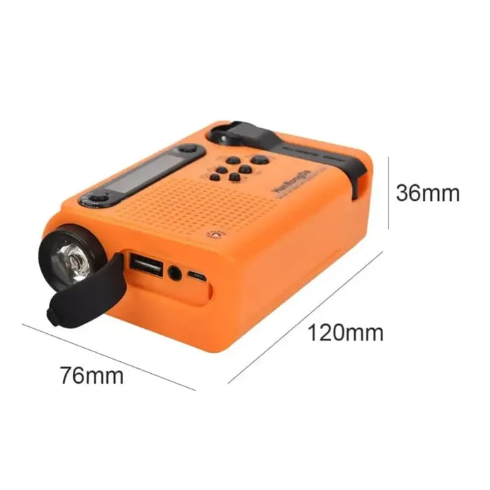 Habicare full-band AM/FM/SW1/SW2 radio with built-in torch, solar panel, hand crank, and power bank in a compact tool design.