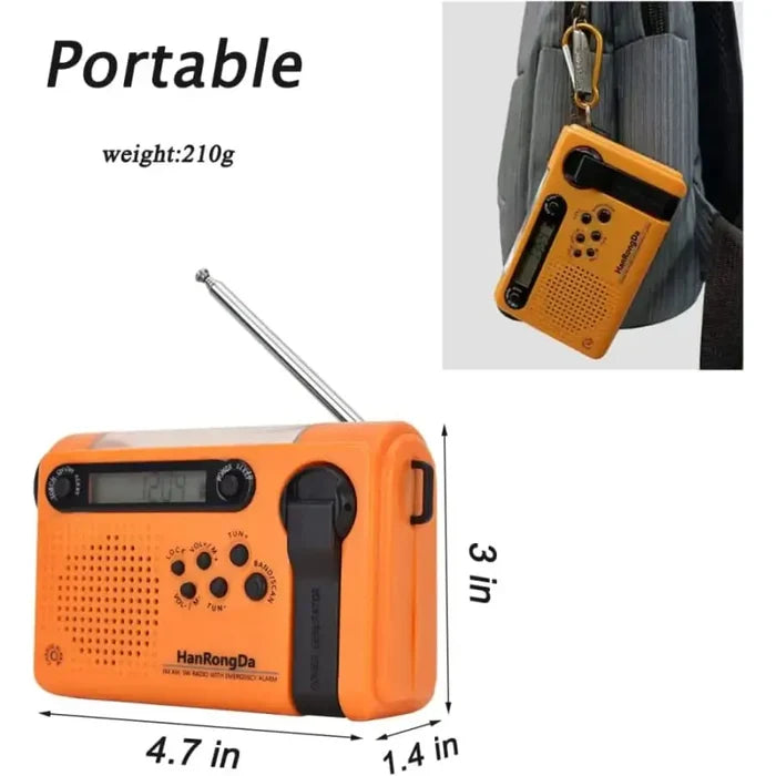 Habicare full-band AM/FM/SW radio with torch, solar panel, and hand crank, featuring a built-in power bank for emergency use.