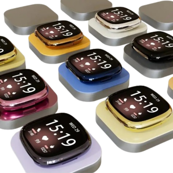 Black full cover watch case for Fitbit Sense by Habicare, providing protection and a sleek look for the smartwatch.