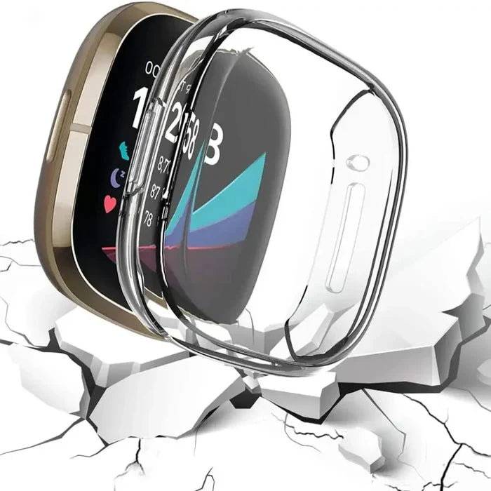 Habicare full cover watch case for Fitbit Sense, black protective shell fitting snugly over the smartwatch.