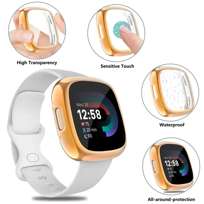Habicare full cover TWS watch case for Fitbit Versa 3, protective black silicone accessory, shown fitted on the smartwatch.