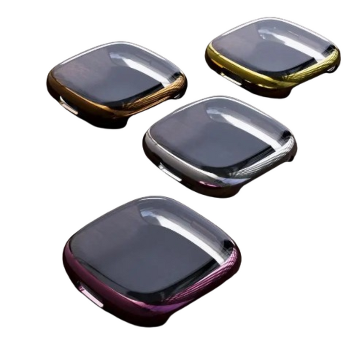 Habicare full cover TWS watch case for Fitbit Versa 3, showcasing the protective black silicone design around the smartwatch.