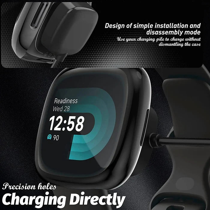 Habicare Fitbit Versa 4 full cover TWS watch case, protective black shell with precise cutouts for buttons and screen.